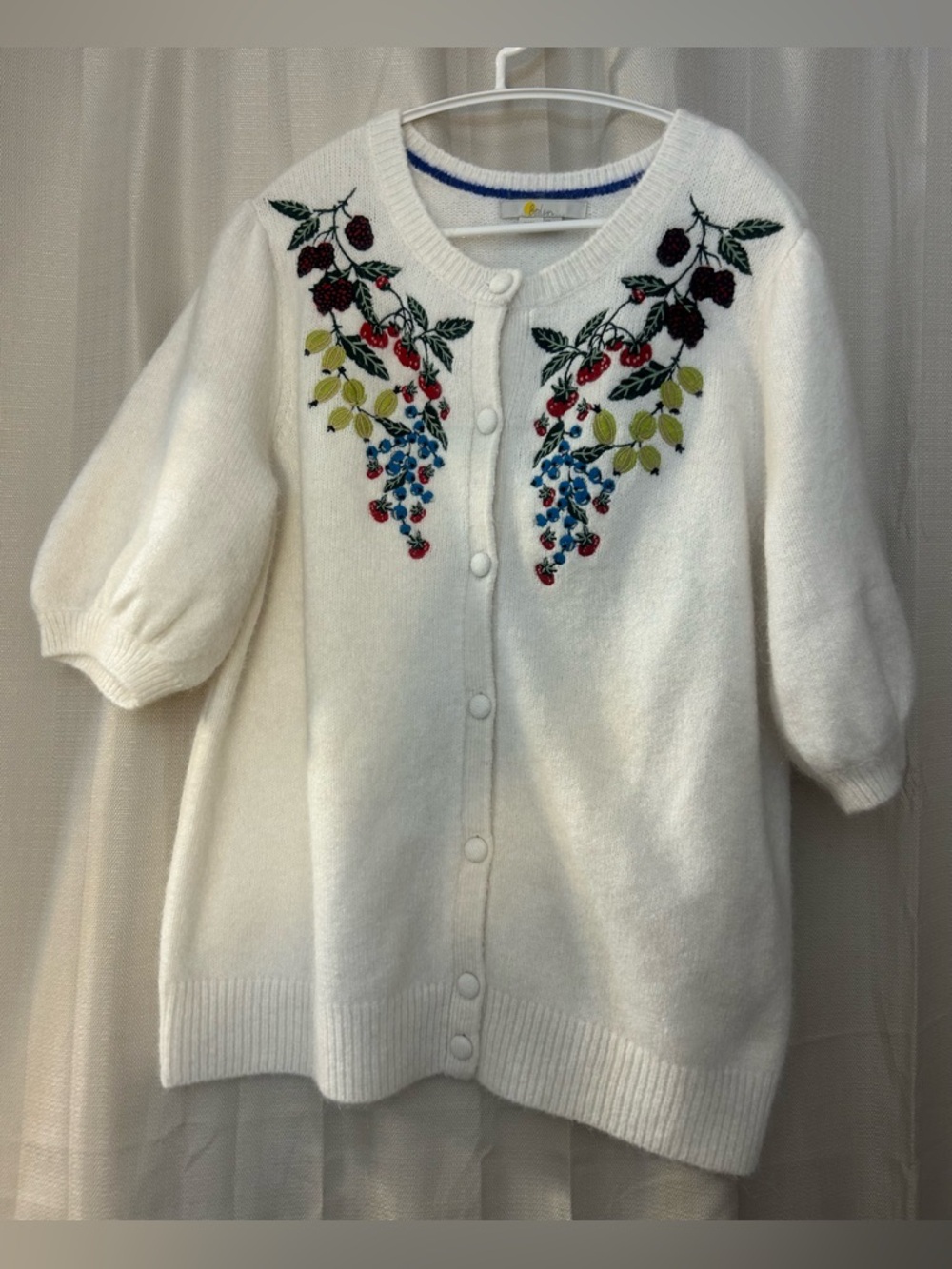 Ivory Embroidered Puff-Sleeve Cardigan Sweater - Picture 5 of 9